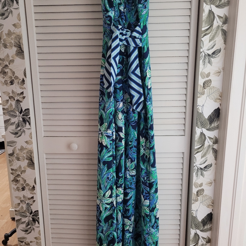 Lilly Pulitzer Blue Green Nila Jumpsuit with striped  fabric tie belt wide leg - Picture 3 of 16